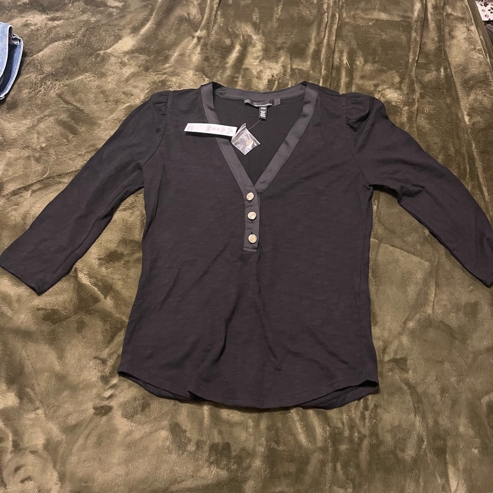 White House Black Market Black Blouse with Button Detail